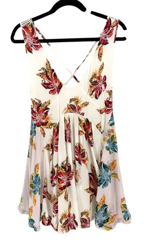 Free People Mini Dress Floral Two Tone S White Boho Tropical Strappy Sun Dress thumbnail 1