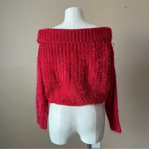 WISHFUL THINKING Red Chenille Eyelash Knit Chunky Off Shoulder Sweater - Sz S/M thumbnail 6
