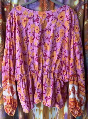 Pink Lily Floral V-Neck Smocked Waist Balloon Sleeve Peasant Blouse✨ thumbnail 6