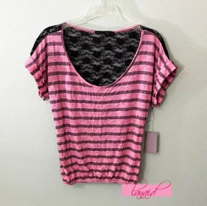 Love j Pink Striped Open Back Lace Backless Cut-Out Scoop Neck Short Sleeve Burnout Tee thumbnail 1
