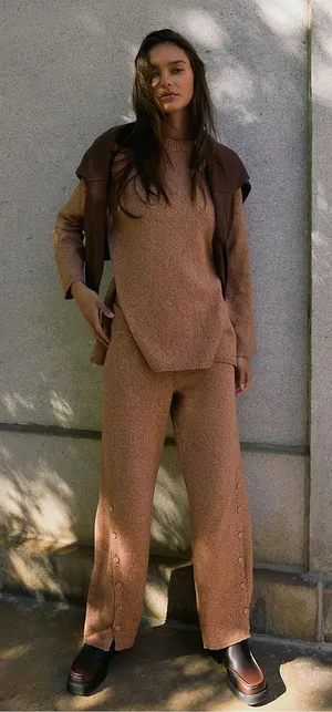Free People Free-est Button Up Sweater Pants Wide Leg in Chutney Sand L thumbnail 1
