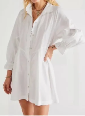 NWOT Free People Hannah Denim White Mini Dress Size Large Long Sleeve thumbnail 1