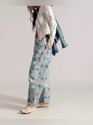 NWOT Free People We The Free Good Luck Printed Barrel Jeans - Jade Combo - 26 thumbnail 6