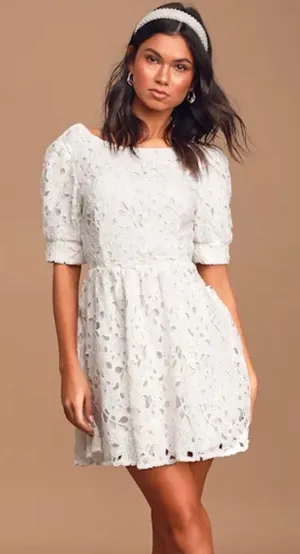 Lulus Lace Cutout Back Puff Sleeve Mini Skater Dress White M Graduation Wedding‎ thumbnail 1