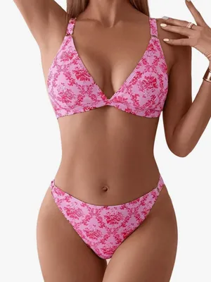 Zaful the Store GORGLITTER Women's Floral Paisley Swimsuit High Cut Thong Triangle Ring Bikini Sets Bathing thumbnail 1