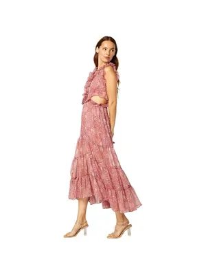 MISA Nastasha Maxi Dress L Ruffle Side Cut Out Floral Tiered Sleeveless Sheer thumbnail 12