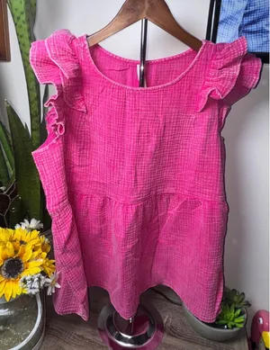 Zenana Gauze Acid Wash Ruffle Sleeve Top in Fuchsia thumbnail 1