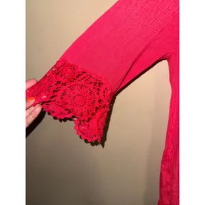 Womens Pink‎ Crochet Lace Trim Bell Sleeve V-Neck Gauze Boho Blouse L Festival thumbnail 2