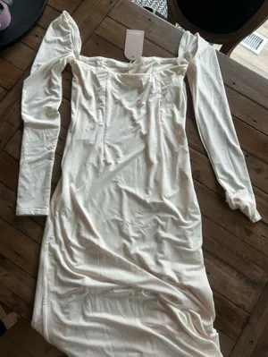 NWT Meshki Desirie Slinky Long Sleeve Maxi Slit Ivory Dress L thumbnail 10