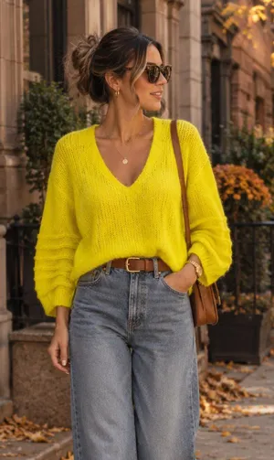 NWT Free People Neon Yellow Alpaca Blend V Neck Slouchy Knit Sweater Size S thumbnail 1