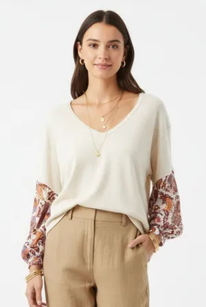 Anthropologie Tan Cream & Red Long Floral Sleeve V Neck Oversized Top M thumbnail 1