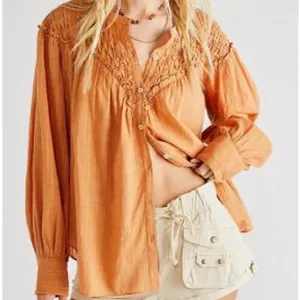Free People $138 Marigold Button down Blouse Top Wood Chimes Fall Oversized M thumbnail 3
