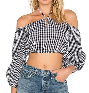 Lovers + Friends x Revolve Women’s Addison Off Shoulder Gingham Black Crop Top thumbnail 1
