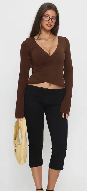 Princess Polly‎ Brown Long Sleeve Wrap Top V-Neck Tie Waist Cropped US 10 thumbnail 1