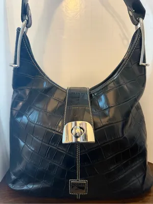 Vintage Dooney & Bourke Black Croc-Embossed Leather Hobo Shoulder Bag thumbnail 1