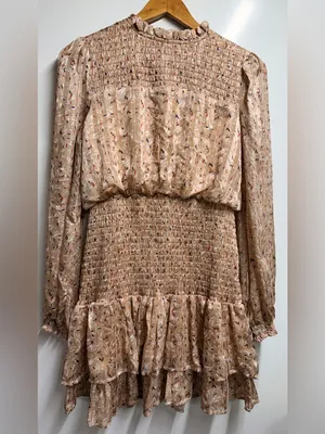 Lulu's Dash of Chic Tan Multi Print Smocked Long Sleeve Mini Dress size medium thumbnail 5