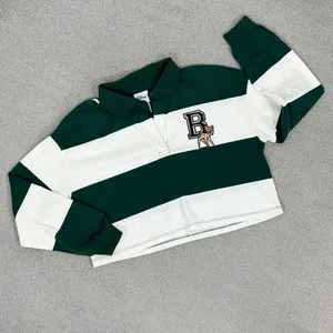 Disney Bambi Y2K Rugby Stripe‎ Cropped Polo Shirt Green White Small Long Sleeve thumbnail 13