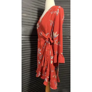 LE LIS Red Floral Print‎ Wrap Dress with Ruffle Hem Bell Sleeves Size M thumbnail 3