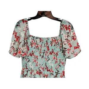 As You Wish Green Floral Chiffon Smocked Asymmetrical Dress LARGE Cottage Flowy‎ thumbnail 2