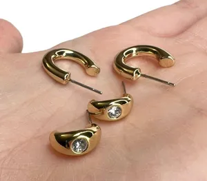 Shiny Gold Tone Huggie Hoops Rhinestone Pierced Earrings Set thumbnail 9