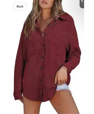 NEW Houndstooth Shacket Jacket Long Sleeve Button Down Shirt XL Red thumbnail 1