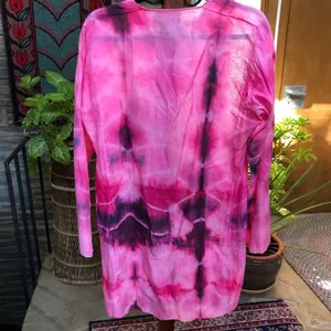 80s Vintage Indian Import V-Neck Tunic – Hand Dyed Pink, Red, Black size L thumbnail 4