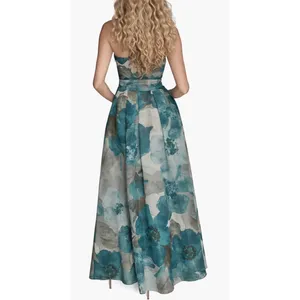 New Donna Karan Floral Strapless Fit & Flare Gown In Green Blue Size 6 $349 thumbnail 2