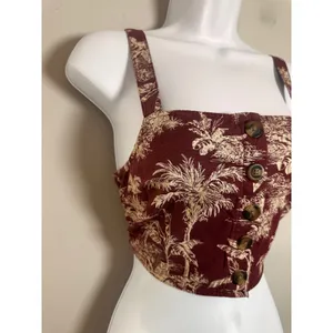 American Eagle Womens Maroon‎ Tropical Palm Toile Linen Blend Button Crop Top M thumbnail 3
