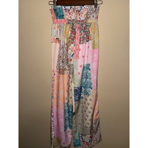 Multicolor Patchwork High Waisted Wide Leg Smocked Waist Pants Small Boho Summer Pink thumbnail 5