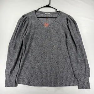 Womens Gray Ribbed Knit V-Neck Puff Sleeve Blouse Size Large NWT Grandmacore Top thumbnail 3