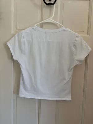 White baby tee Pasta Lover Club size Large 95% cotton thumbnail 2