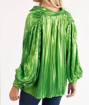 Flying Tomato NWOT Boutique  pleated lime metallic button down top size small thumbnail 5