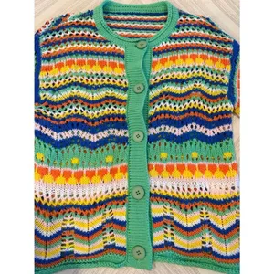 Multicolor Striped Open Knit Cardigan Bell Sleeve Boho Lightweight Small thumbnail 2
