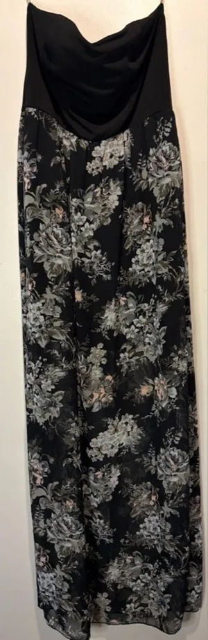 Contempo Casuals Strapless Tube Top Maxi Dress Black Floral Sheer Layer Size M thumbnail 1