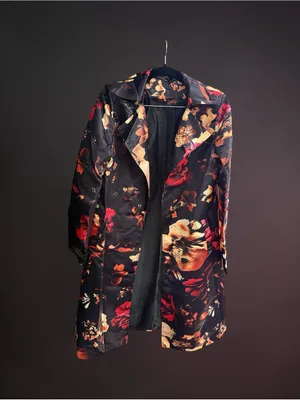 Floral Print Long Trench Coat - Black with Red & Gold Accents thumbnail 2