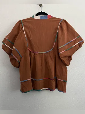 Entro Babydoll Puff Sleeve Top Brown Multicolor Trim Large thumbnail 5