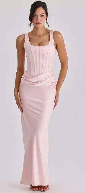 House of CB Kira Blush Pink Satin Gathered Maxi Dress XS thumbnail 1