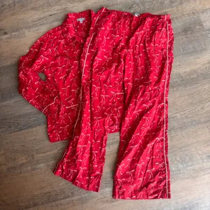 J.Crew Red White Bow Print‎ Cotton Pajama Set Womens Medium Long Sleeve Pants thumbnail 2