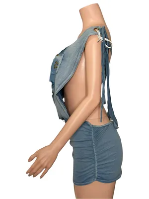 JADED LONDON Route 66 Distressed Backless Studded Dress, Blue, 6 (US) thumbnail 4