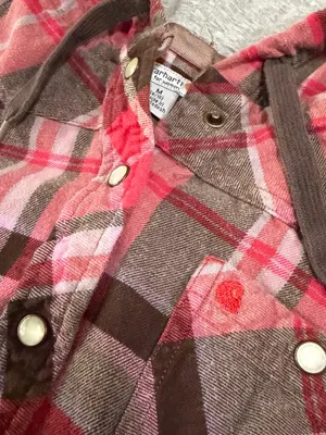 Carhartt Pearl Snap Hooded Pink Red Brown Plaid Cotton Flannel Shirt Medium thumbnail 3