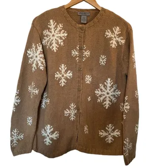 EDDIE BAUER Tan/White Snowflake Design Knit Button-Down Cardigan - Size Medium thumbnail 1