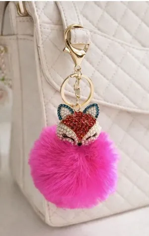 NEW Fluffy Fox Rose Pink Pearl and Gold Rhinestone Bag Charm Keychain NWT thumbnail 1
