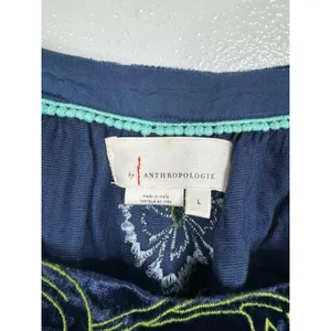 Anthropologie Navy Blue Velvet Embroidered Floral Puff Sleeve Blouse Large thumbnail 4