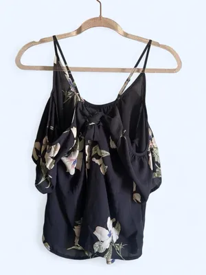 Lumière floral print on navy blouse with cold shoulder sleeves, size S thumbnail 5