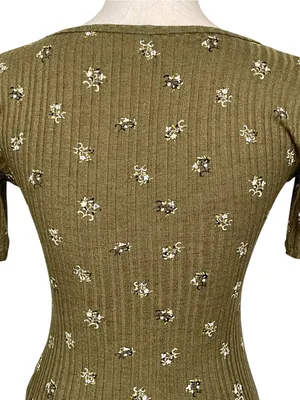 Old Navy Fitted Floral Top Women Size XS Elbow Sleeves Rib Knit Green thumbnail 5