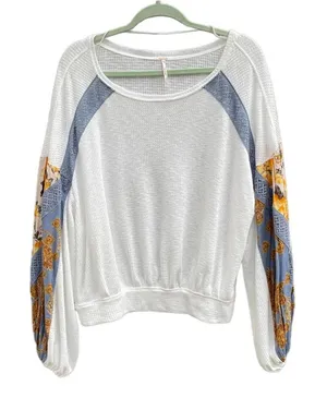Free People Casual Clash Patchwork Balloon Sleeve Top thumbnail 1