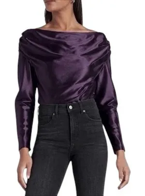NWT Express Purple Satin Draped Off The Shoulder Long Sleeve Top Blouse Size XS thumbnail 1