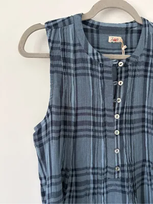 Faherty Isha Plaid Pintuck Organic Cotton Sleeveless Mini Dress Navy Blue NWT XS thumbnail 2