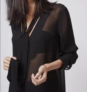 NWT Sheer Black Tie Neck Blouse thumbnail 3