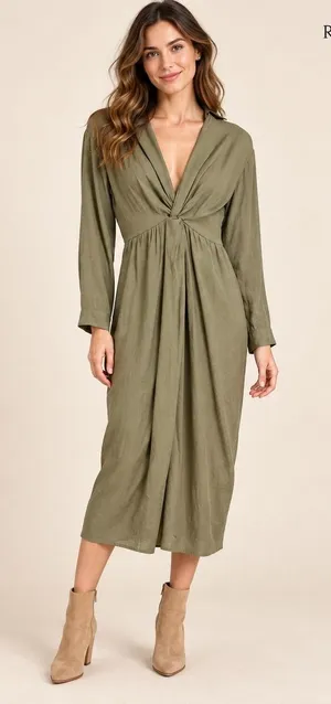 Anthropologie Olive Green Twist Front V-Neck Midi Dress Long Sleeve Size 2 thumbnail 1